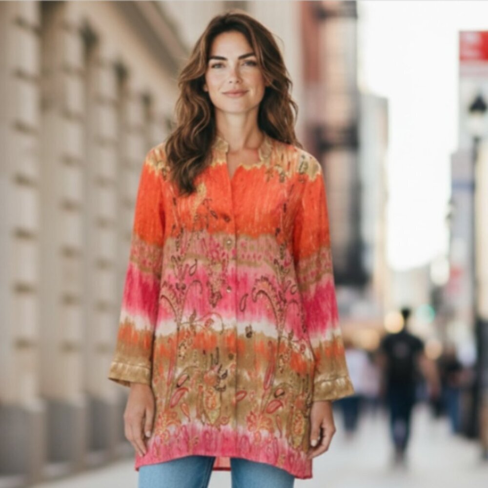 VTG Laura Ashley Sheer Silk Sequin Beaded Button-Up Tunic Top Sz M‎ 195B